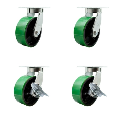 Service Caster 8'' Heavy Duty Green Poly on Cast Iron Wheel Swivel Caster Set with 2 Brakes, 4PK CRAN-SCC-KP92S830-PUR-GB-2-SLB-2